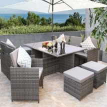 Hestia 11 Piece 10 Seater Rattan Dining Garden Cube Set w/ Parasol Hole - Grey/Grey