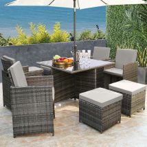 Raygar - Hestia 9 Piece 8 Seater Rattan Dining Garden Cube Set w/ Parasol Hole - Grey/Grey