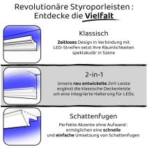 Led Profilo di fuga d'ombra modanature in stucco, illuminazione indiretta in polistirene xps: HLED-7 - 59x88 mm, 30.6 Metri / 18 Distanze - Heximo