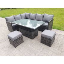 Fimous - High Back Corner Rattan Garden Furniture Sofa Dining Rising Table Height Adjustable 8 Seater 2 Small Foot Stools