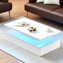 Clipop - High Gloss Coffee Table with Adjustable 16 Colors rgb led Lights, White Rectangular Tea Table with Open Storage Shelves for Living Room