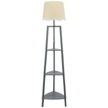 Valuelights - Hiru Grey 3 Tier Shelved Wooden Floor Lamp with Linen Trim Scallop Taper Shade & Bulb
