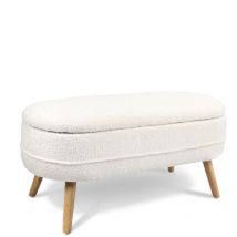 Hispanohogar - Banqueta con almacenamiento en borreguillo blanco con patas en madera natural, 48x101x41