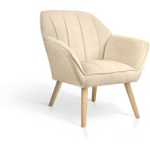 Hispanohogar - Fauteuil à dossier bas en velours beige avec pieds en bois naturel 75x78x77