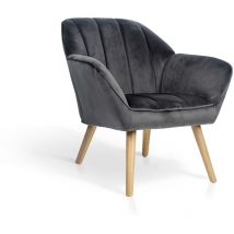 Hispanohogar - Fauteuil à dossier bas en velours gris avec pieds en bois naturel 75x78x77