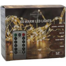 HIT - Außen Draht Lichterkette warm weiß - 60 led / 600 cm - Leuchtdraht mit Timer und Dimmer Funktion Fernbedienung Batterie betrieben