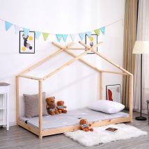 FURNITURE HMD Natural Single Solid Pine Bed Frame with Tree House Top Design,Mattress(WITHOUT):90x190cm