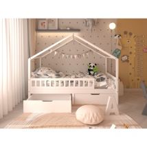 Furniture Hmd - White Single Solid Pine Bed Frame with 2 Big Drawers,Mattress(WITHOUT):90x190cm