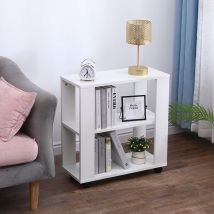 Furniture Hmd - Wooden Side Table with Wheels Small End Table with 2 Tiers Shelf,Storage Unit,Livng Room Table,White,60x27x58cm(WxDxH)