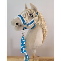 Hobby Horse Set: A3 Halfter Mit Weißem Fell + Seilleine - Weiß Und Türkis