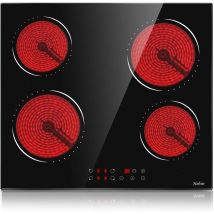 Hobsir - Plaque Vitrocéramique, Table de cuisson vitrocéramique 4 feux, 6000W avec 9 niveaux de puissance, 59 cm, Vitrocéramique,Fil dur, Pas de