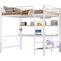 Hochbett 140 × 200 Cm Mit Geländer Und Leiter, Schreibtisch, Usb & Steckdose, Led-beleuchtung, Regal, Metall, Weiß, Ohne Matratze