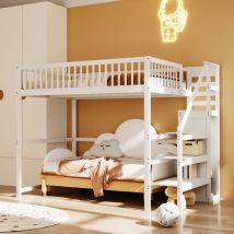 Hochbett 140×200 Cm, Doppelbett Mit Treppe, Regalen Und Kleiderschrank, Ohne Matratze, Aus Holz, Weiß