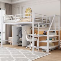 Hochbett, 140200cm , Kleiderschrank, Regale, Ablageleiter, Schreibtisch, Ohne Matratze, Weiß
