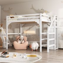 Okwish - Hochbett 140200cm mit Lattenrost, mit Stufen, mit Kleiderschrank, Jugendbett, Stauraum.Weiß