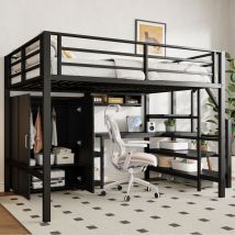 Hochbett 140x200 Mit Kleiderschrank Und Schreibtisch, Regalen Und Leiter Mit Stauraum, Robustes Schwarzes Metall (matratze Nicht Im Lieferumfang 