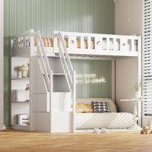 Okwish - Hochbett 90200 cm, mit Stauleiter und Regalen, Einzelbett aus Holz, Jugendbett, Kinderbett, Massivholzstruktur, weiß