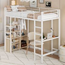 Okwish - Hochbett 90x200 cm, Eisenbett mit Schreibtisch, USB-Steckdose, Regalen, Stauschrank, Leiter und offenem Kleiderschrank, Metall, weiß, ohne