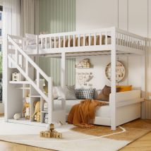 Hochbett 140x200 Cm, 2 Personen, Mit Schrank, Stauraumtreppe, Lattenrost, Sicherheitsgitter, Kinderbett Im Prinzessinnenstil Aus Holz - Weiß