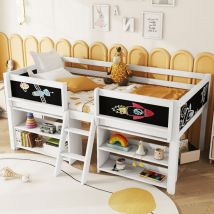 Hochbett 90x200 cm, mit 2 Tafeln, Treppe, Ablageflächen, Holzlattenrost, Sicherheitszaun, Prinzessinnen-Kinderbett – Weiß