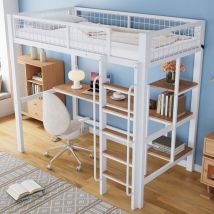 Hochbett 90x200 Cm Mit Metall- Und Holzgestell, Schreibtisch Und Regalen