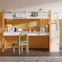 Hochbett 90x200 cm, mit Schreibtisch, 2 Schubladen, Regalen, Stauraumtreppe, Lattenrost, Sicherheitszaun, Prinzessinnen-Kinderbett aus Holz – Weiß