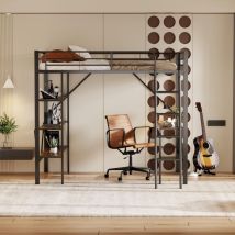 Hochbett Erwachsene-kinder 90x200 Cm - Mit Schreibtisch & Regalen - Metallstruktur Schwarz - Ideal Platzsparend - Schwarz