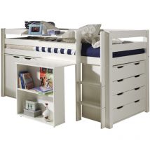 Hochbett Kombination mit Schreibtisch PINOO-12 incl. Kommde und Hängeregal in Kiefer massiv weiß lackiert, B/H/T: ca. 210/114/106 cm