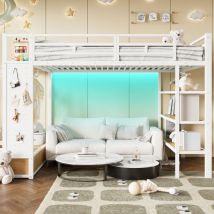 Hochbett Metall & Mdf Weiß 140x200 Cm Mit Offenem Kleiderschrank, Regalen, Lochwand, Led Und Lattenrost