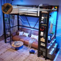 Hochbett,eisenrahmen Mit Schreibtisch, Mit Trockenstab, Mit Einlegeböden, 4 Schubladen, Mit Usb+type-c Steckdose, Led-leiste, Geländer, Trittleiter, 