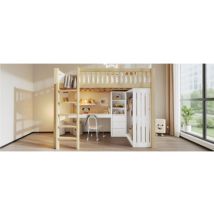 Hochbett,schreibtisch, Kleiderschrank, 3 Schubladen, Offener Stauraum, Geländer, Treppe, Ohne Matratze