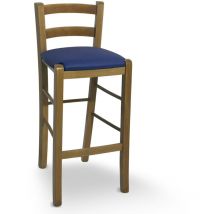 Okaffarefatto - Hocker aus hellem Nussbaumholz mit Rückenlehne h 66 cm mit Sitzfläche aus blauem Kunstleder