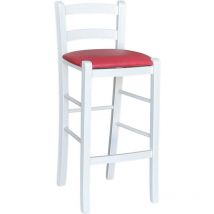 Weißer Holzhocker mit rotem Kunstledersitz, Höhe 67 cm vom Boden bis zur Sitzfläche