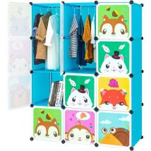Hofuton Armoire Portable, Penderie avec Portes, Storage Modulable Meuble Étagères de Rangement, Conception de Motif de Dessin Animé, 12-Cubes, Bleu