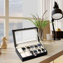 Hofuton Coffret à Montre/Boîte/Présentoir, Rangement pour Montres en Cuir pu, Cadeau pour Homme, 12 Compartiments en Velours, Noir