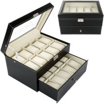 Hofuton Coffret à Montre Boîte pu avec Serrure, Présentoir Double Couche pour Rangement 20 Montres Cadeau pour Homme