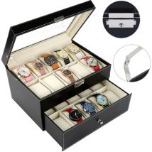 Hofuton Coffret à Montres, Boîte pour Montres et Bracelets, 20 Montres avec Vitre et Tiroir, Noir/Beige, Dimensions: 28,5 x 20,5 x 15 cm