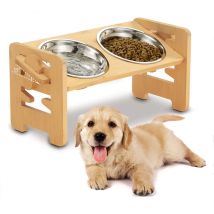 Hofuton Gamelles Surélevée pour Chat et Chien Personnalisée en Bambou avec 2 Bol en Inox