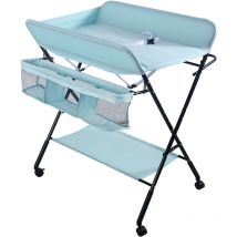 Hofuton Table à Langer à Roulettes Pliable et Portable pour Nouveau-Nés et Bébés, avec Panier de Rangement, Bleu