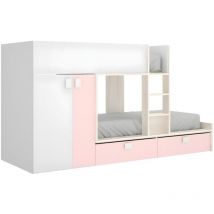 Cama tren con armario - 2 x 90 x 190 cm - Blanco, natural y rose - juanito