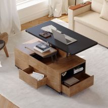 Höhenverstellbarer Couchtisch 120cm Schwarz & Nussbaum - 3-in-1 (couchtisch, Schreibtisch, Esstisch) Mit Stauraum, Schubladen Und Gebremsten Rädern