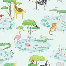 Holden Decor - Crocodile Lake Children's Wallpaper Teal Animal Print Hippo Zebra