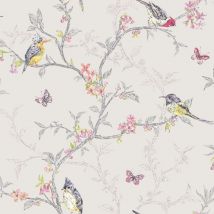 Holden Decor - Dove Grey Multi Color Birds Trees Floral Butterfly Wallpaper