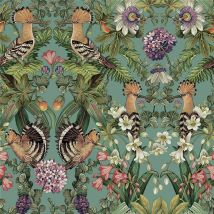 Mirrored Bird Soft Teal Floral Wallpaper Flowers Modern Botanical - Holden Decor