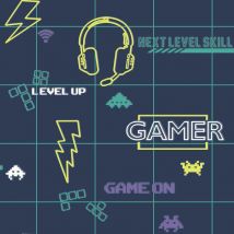 Holden - Gamer Boys Navy Neon Yellow Boys Space Invader Paste The Paper Wallpaper