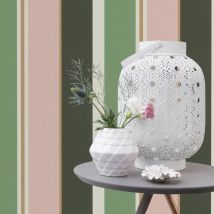 Holden - Green White Pink Wallpaper Botanique Stripes Metallic Gold Textured Retro Vinyl