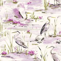 Holden Decor - Cranes Reeds Floral Wallpaper White Heather Lime Watercolour Paste Wall Holden