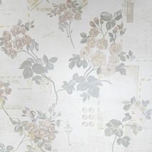 Holden - Cream Beige Floral Wallpaper Postcards Stamps Words Buttons Keys Paste The Paper