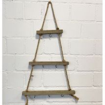 Holz Wand Hängedeko Weihnachtsbaum mit 6 Haken – 38 x 2 x 68 cm – Natur – Holz, Hanf-Seil, Metall-Haken