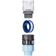 Kit de raccordement de tuyau ldpe 25mm pour robinets : 1x Raccord rapide 20mm, 1x Connecteur pe 20mm è 25mm, 1x Bande de téflon - Holzbrink